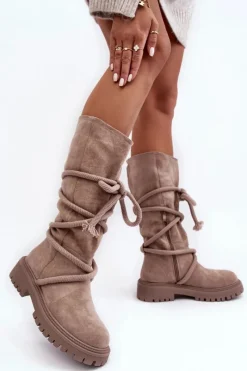 Zamszowe Kozaki Damskie Z Wiązaniem Beżowe Tanive Damskie Kozaki Płaskie|Kozaki Przed Kolano