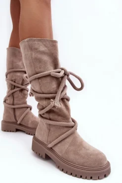 Zamszowe Kozaki Damskie Z Wiązaniem Beżowe Tanive Damskie Kozaki Płaskie|Kozaki Przed Kolano