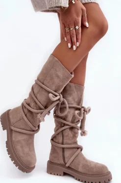 Zamszowe Kozaki Damskie Z Wiązaniem Beżowe Tanive Damskie Kozaki Płaskie|Kozaki Przed Kolano