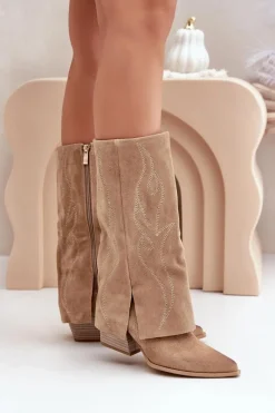 Kozaki Na Słupku|Kozaki Z Wywiniętą Cholewką>Zazoo Zamszowe Kozaki Do Połowy Łydki Z Wywiniętą Cholewką Na Słupku Beżowe 3487