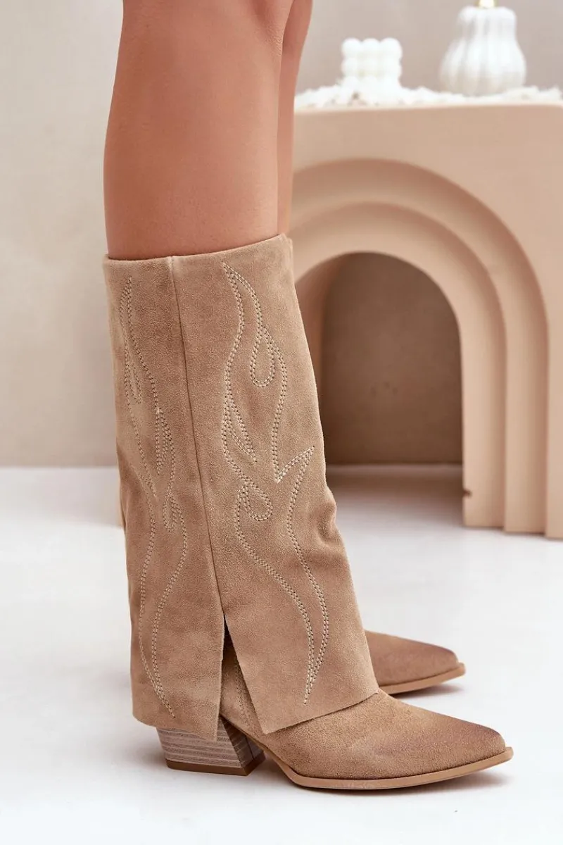 Kozaki Na Słupku|Kozaki Z Wywiniętą Cholewką>Zazoo Zamszowe Kozaki Do Połowy Łydki Z Wywiniętą Cholewką Na Słupku Beżowe 3487