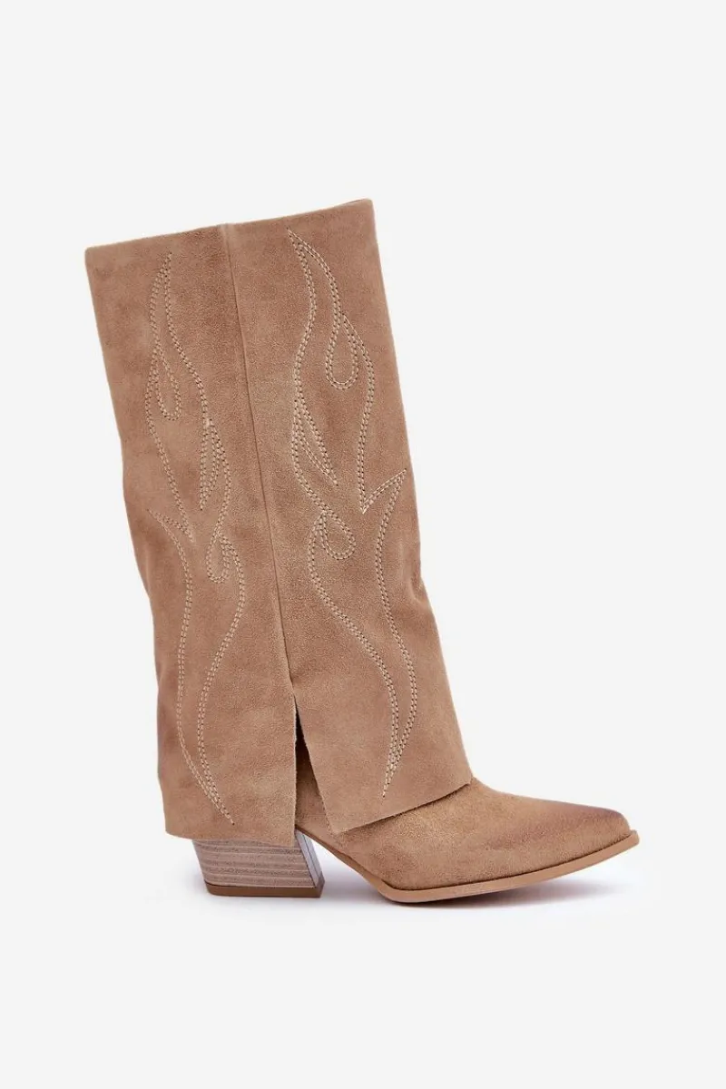 Kozaki Na Słupku|Kozaki Z Wywiniętą Cholewką>Zazoo Zamszowe Kozaki Do Połowy Łydki Z Wywiniętą Cholewką Na Słupku Beżowe 3487