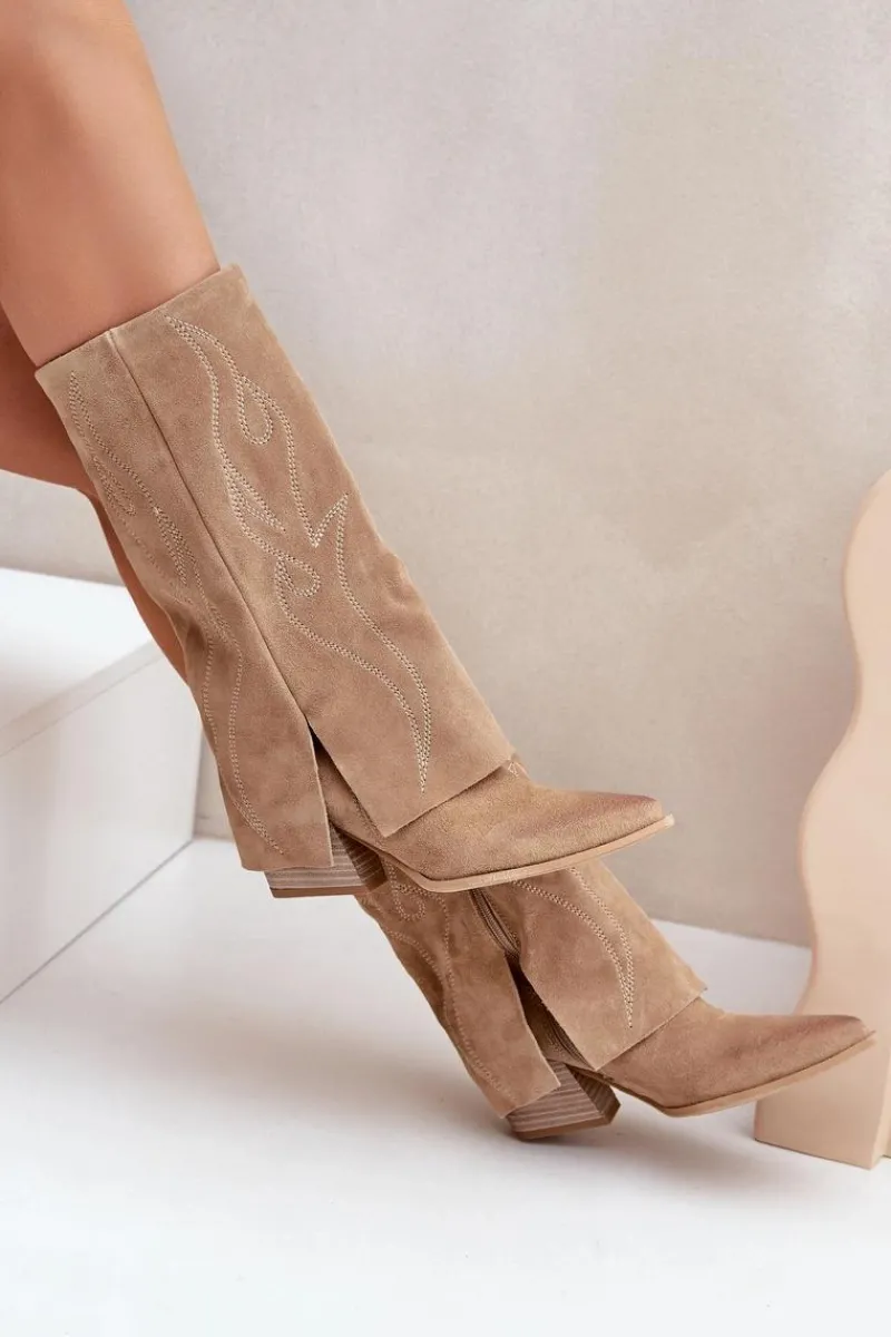 Kozaki Na Słupku|Kozaki Z Wywiniętą Cholewką>Zazoo Zamszowe Kozaki Do Połowy Łydki Z Wywiniętą Cholewką Na Słupku Beżowe 3487