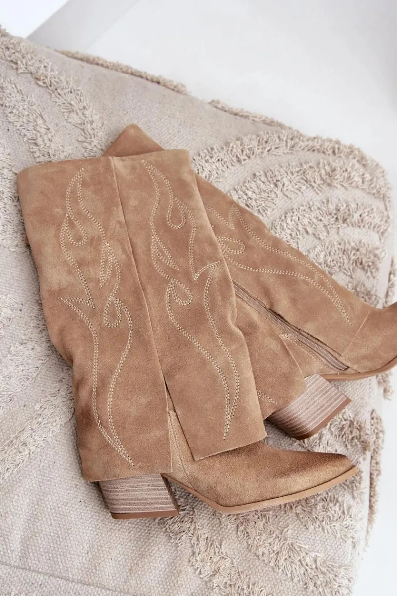 Kozaki Na Słupku|Kozaki Z Wywiniętą Cholewką>Zazoo Zamszowe Kozaki Do Połowy Łydki Z Wywiniętą Cholewką Na Słupku Beżowe 3487