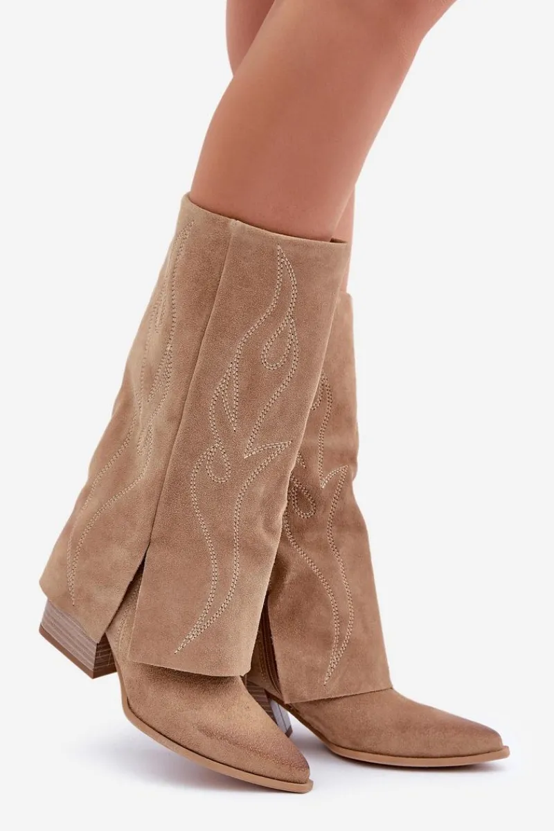 Kozaki Na Słupku|Kozaki Z Wywiniętą Cholewką>Zazoo Zamszowe Kozaki Do Połowy Łydki Z Wywiniętą Cholewką Na Słupku Beżowe 3487
