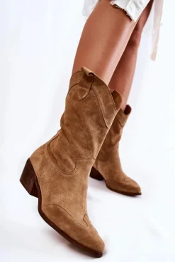 Hot Boto Zamszowe Kozaki Kowbojki Lewski Shoes 3198 Beżowe