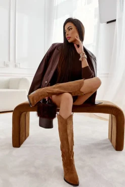 Online Zamszowe Kozaki Kowbojki Brązowe Casey Damskie Kozaki Wiosenne|Kozaki Na Obcasie