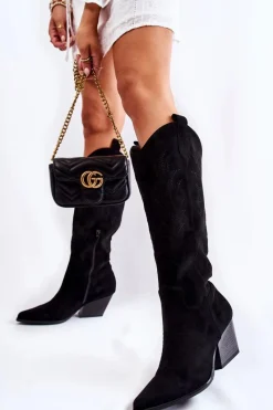 Sale Boto Zamszowe Kozaki Kowbojki Z Przeszyciami Czarne Beverly