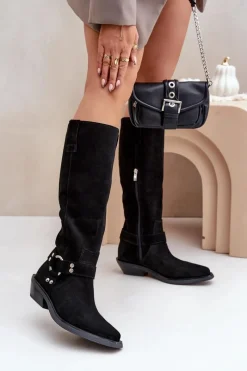 Outlet Zazoo Zamszowe Kozaki Kowbojki Na Niskim Obcasie Z Ozdobą 3656 Czarne