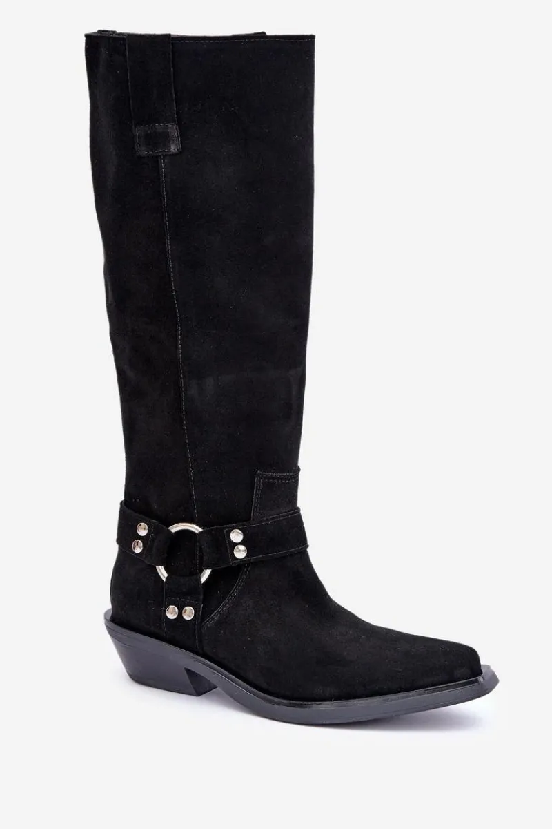 Outlet Zazoo Zamszowe Kozaki Kowbojki Na Niskim Obcasie Z Ozdobą 3656 Czarne