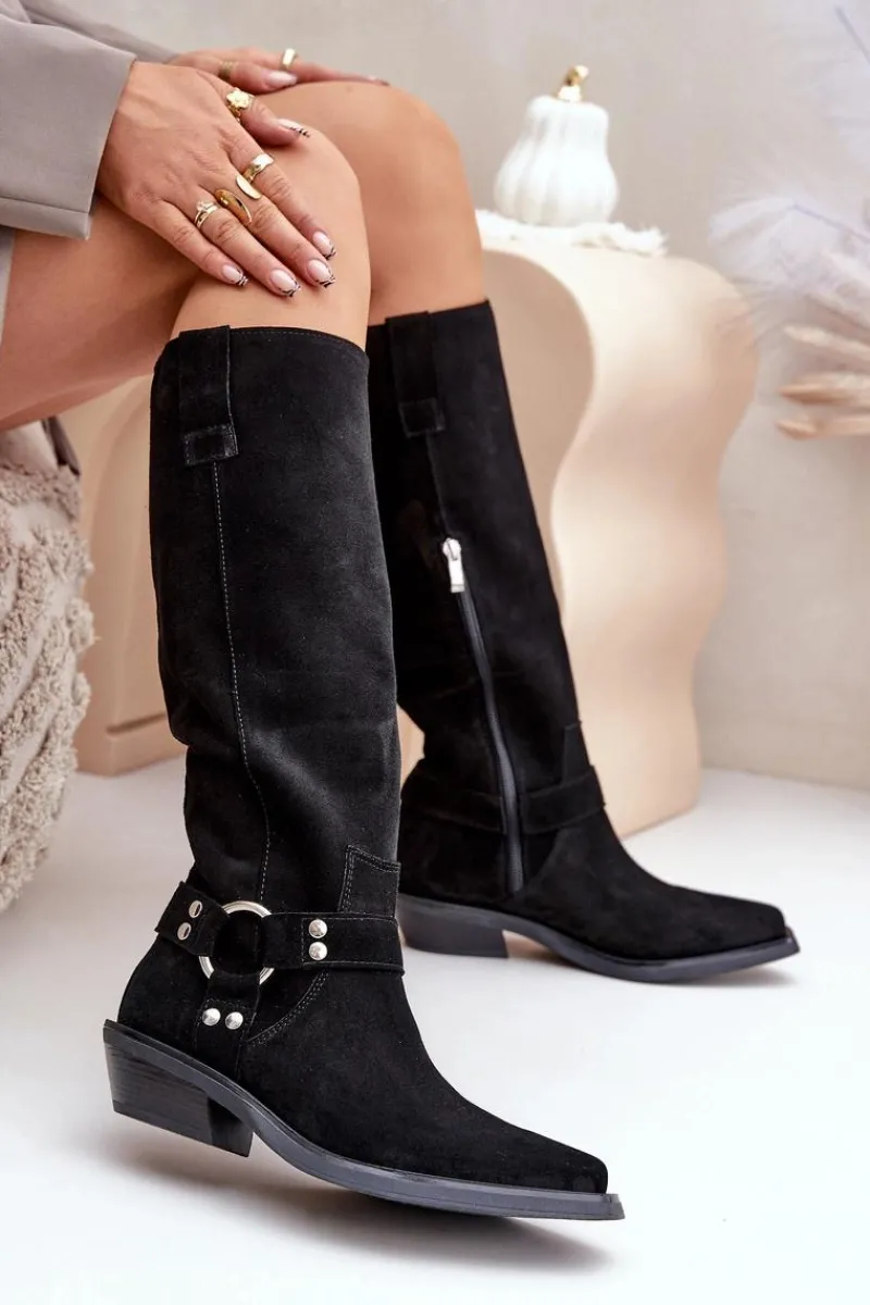 Outlet Zazoo Zamszowe Kozaki Kowbojki Na Niskim Obcasie Z Ozdobą 3656 Czarne