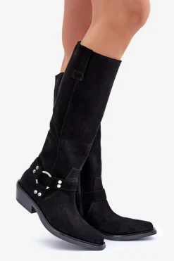 Outlet Zazoo Zamszowe Kozaki Kowbojki Na Niskim Obcasie Z Ozdobą 3656 Czarne
