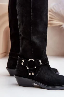 Outlet Zazoo Zamszowe Kozaki Kowbojki Na Niskim Obcasie Z Ozdobą 3656 Czarne