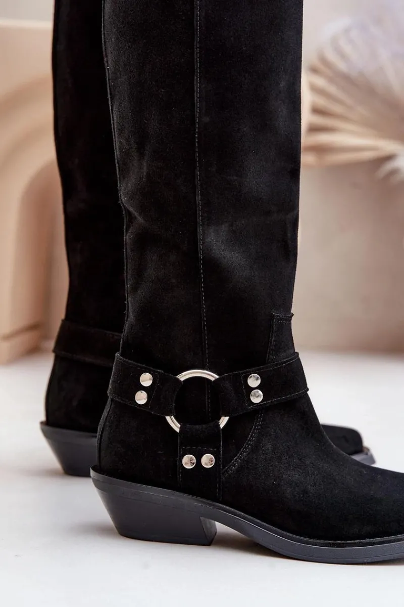 Outlet Zazoo Zamszowe Kozaki Kowbojki Na Niskim Obcasie Z Ozdobą 3656 Czarne