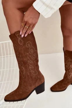 Zazoo Zamszowe Kozaki Kowbojki Damskie Na Obcasie Camel Karira Brązowy