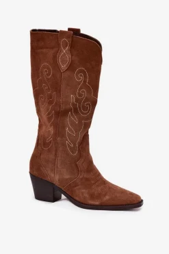 Zazoo Zamszowe Kozaki Kowbojki Damskie Na Obcasie Camel Karira Brązowy