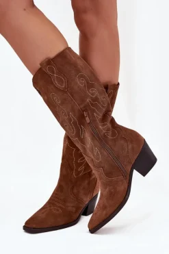 Zazoo Zamszowe Kozaki Kowbojki Damskie Na Obcasie Camel Karira Brązowy