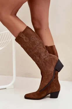 Zazoo Zamszowe Kozaki Kowbojki Damskie Na Obcasie Camel Karira Brązowy