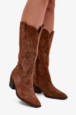 Zazoo Zamszowe Kozaki Kowbojki Damskie Na Obcasie Camel Karira Brązowy