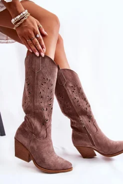 Kozaki Wiosenne|Kozaki Przed Kolano>Boto Zamszowe Kozaki Kowbojki Z Ażurowym Wzorem Brązowe Naya