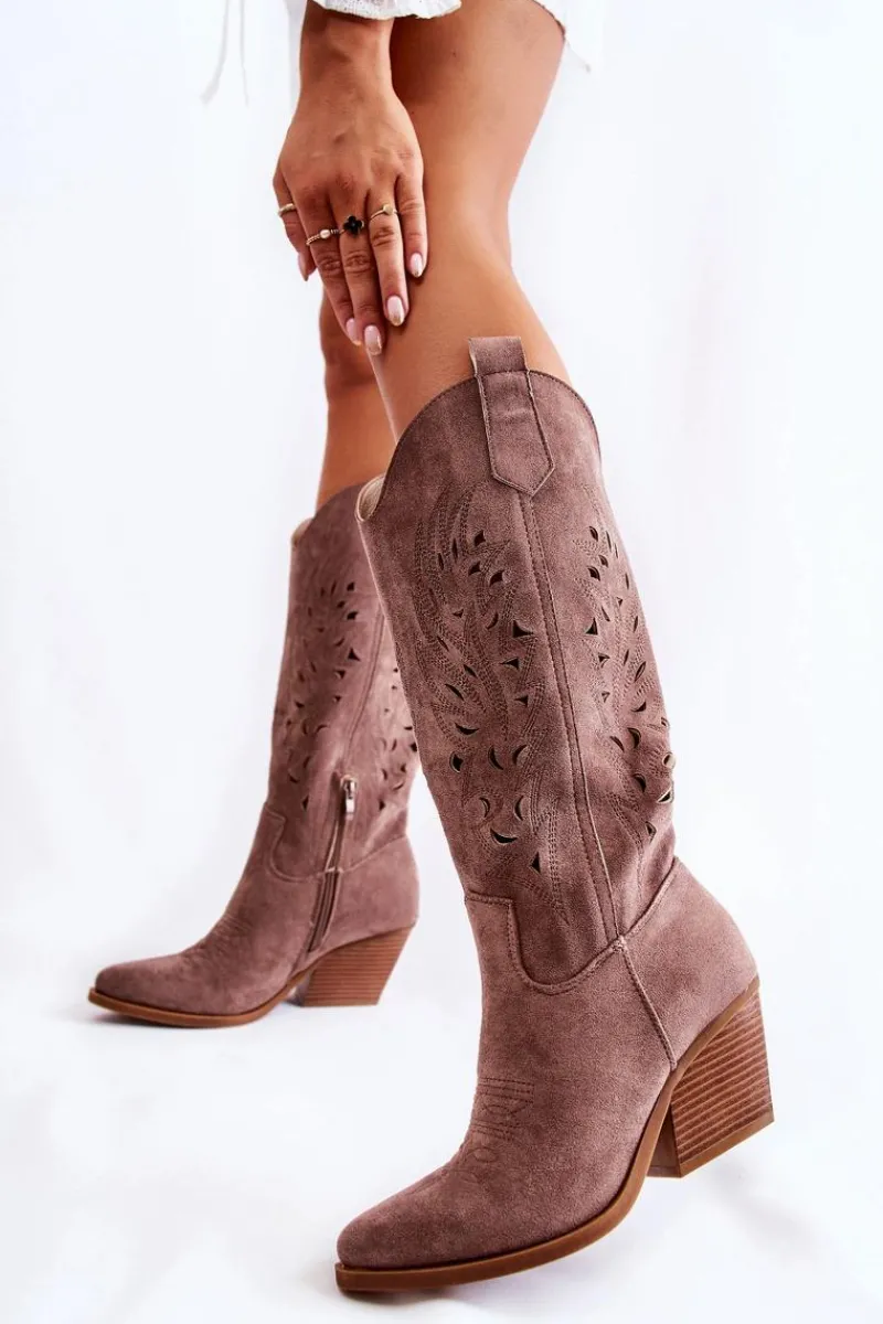 Kozaki Wiosenne|Kozaki Przed Kolano>Boto Zamszowe Kozaki Kowbojki Z Ażurowym Wzorem Brązowe Naya