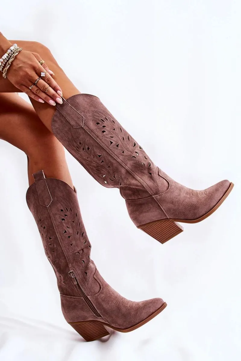 Kozaki Wiosenne|Kozaki Przed Kolano>Boto Zamszowe Kozaki Kowbojki Z Ażurowym Wzorem Brązowe Naya