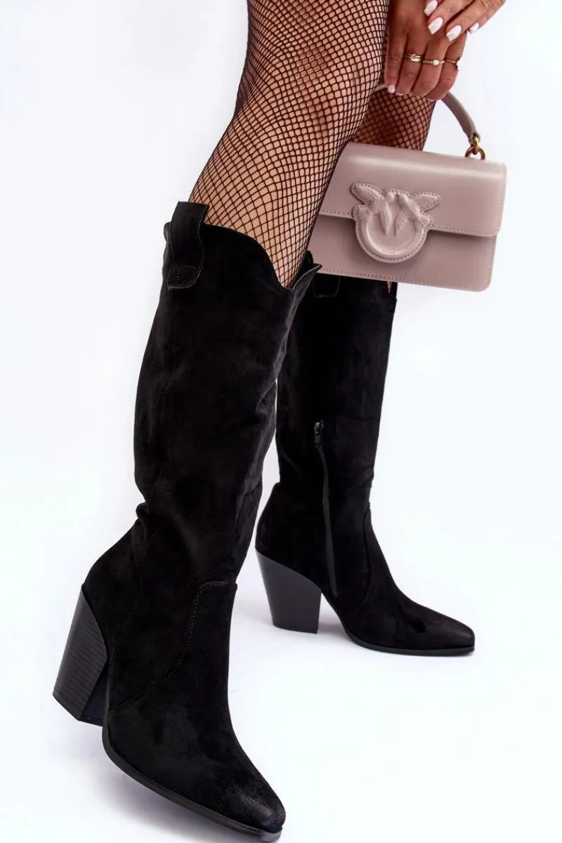 New Zamszowe Kozaki Kowbojki Na Obcasie Czarne Tortana Damskie Kozaki Wiosenne|Kozaki Przed Kolano