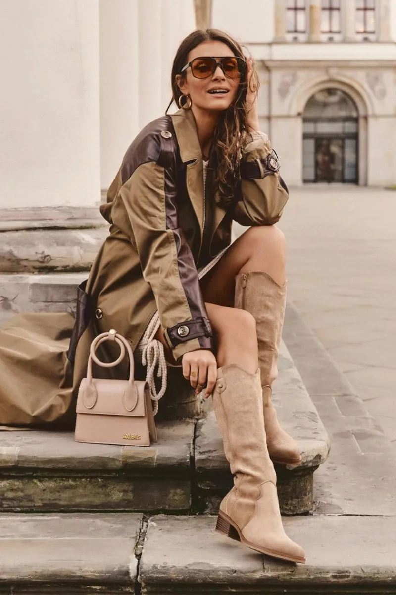 New Boto Zamszowe Kozaki Kowbojki Na Niskim Obcasie Beżowe Lunah