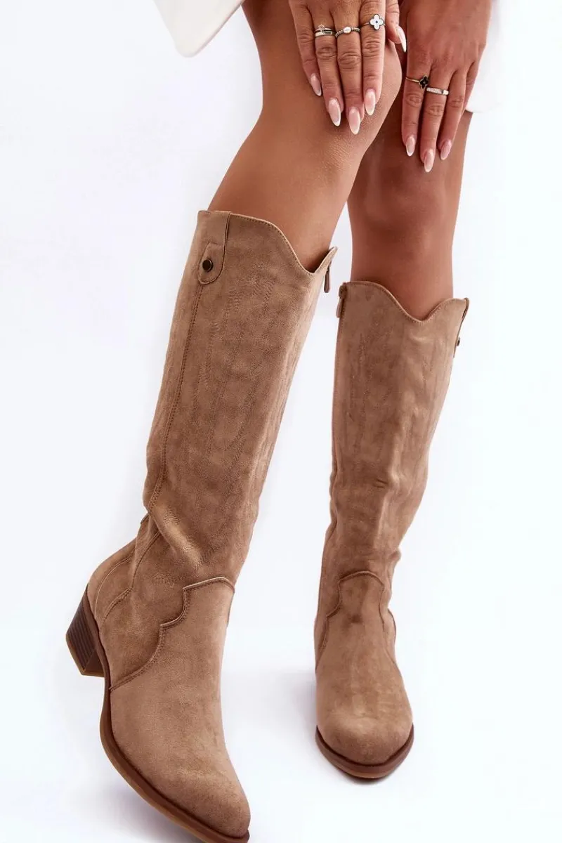 New Boto Zamszowe Kozaki Kowbojki Na Niskim Obcasie Beżowe Lunah