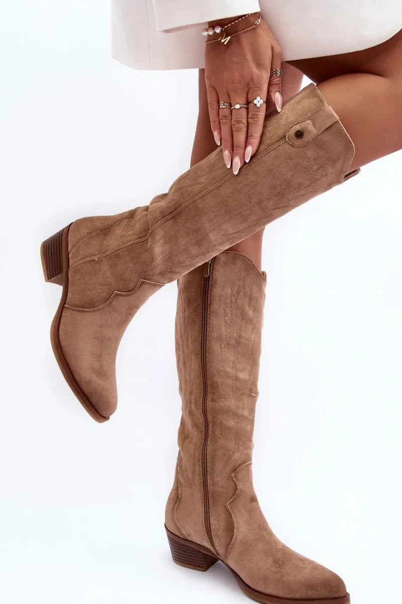 New Boto Zamszowe Kozaki Kowbojki Na Niskim Obcasie Beżowe Lunah