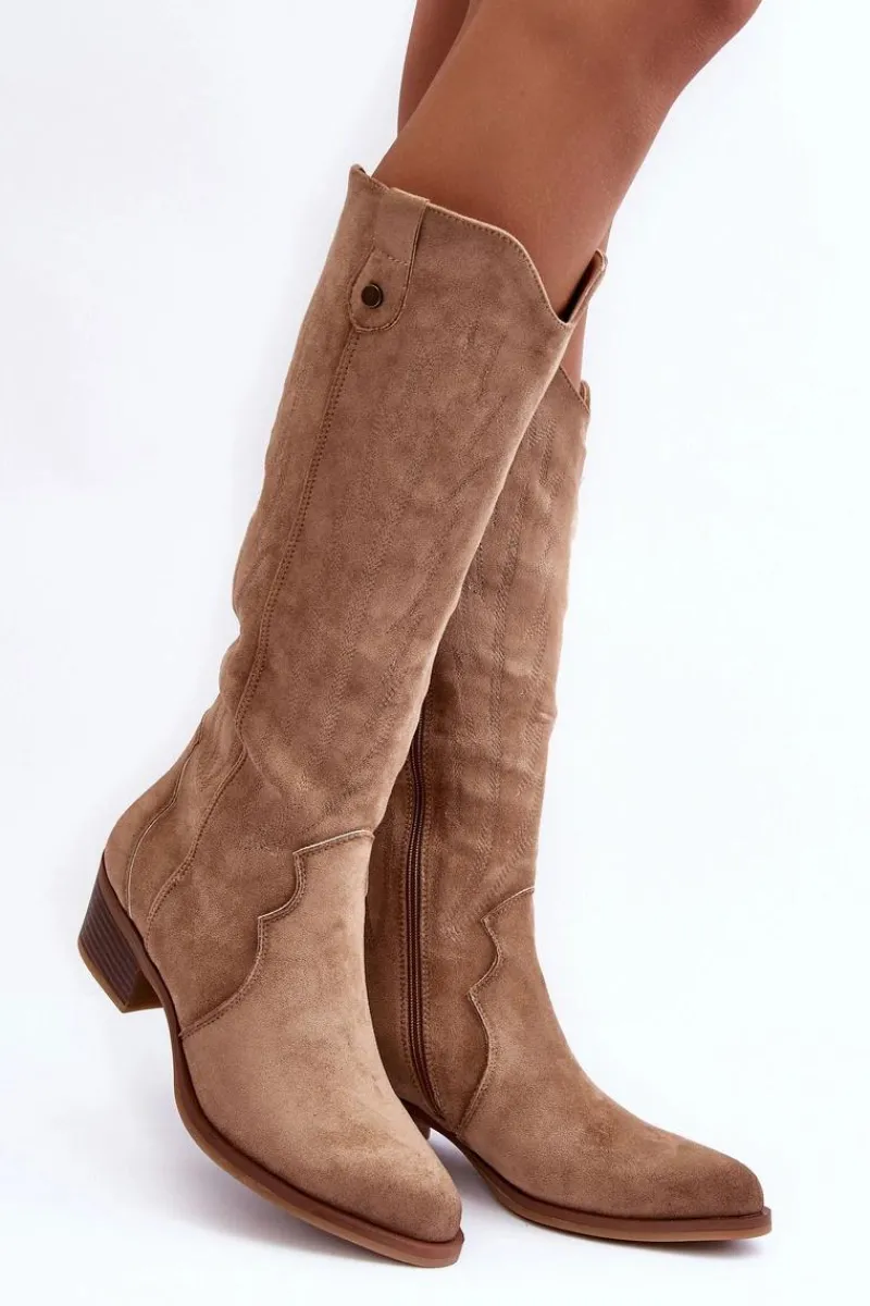 New Boto Zamszowe Kozaki Kowbojki Na Niskim Obcasie Beżowe Lunah