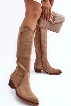 New Boto Zamszowe Kozaki Kowbojki Na Niskim Obcasie Beżowe Lunah