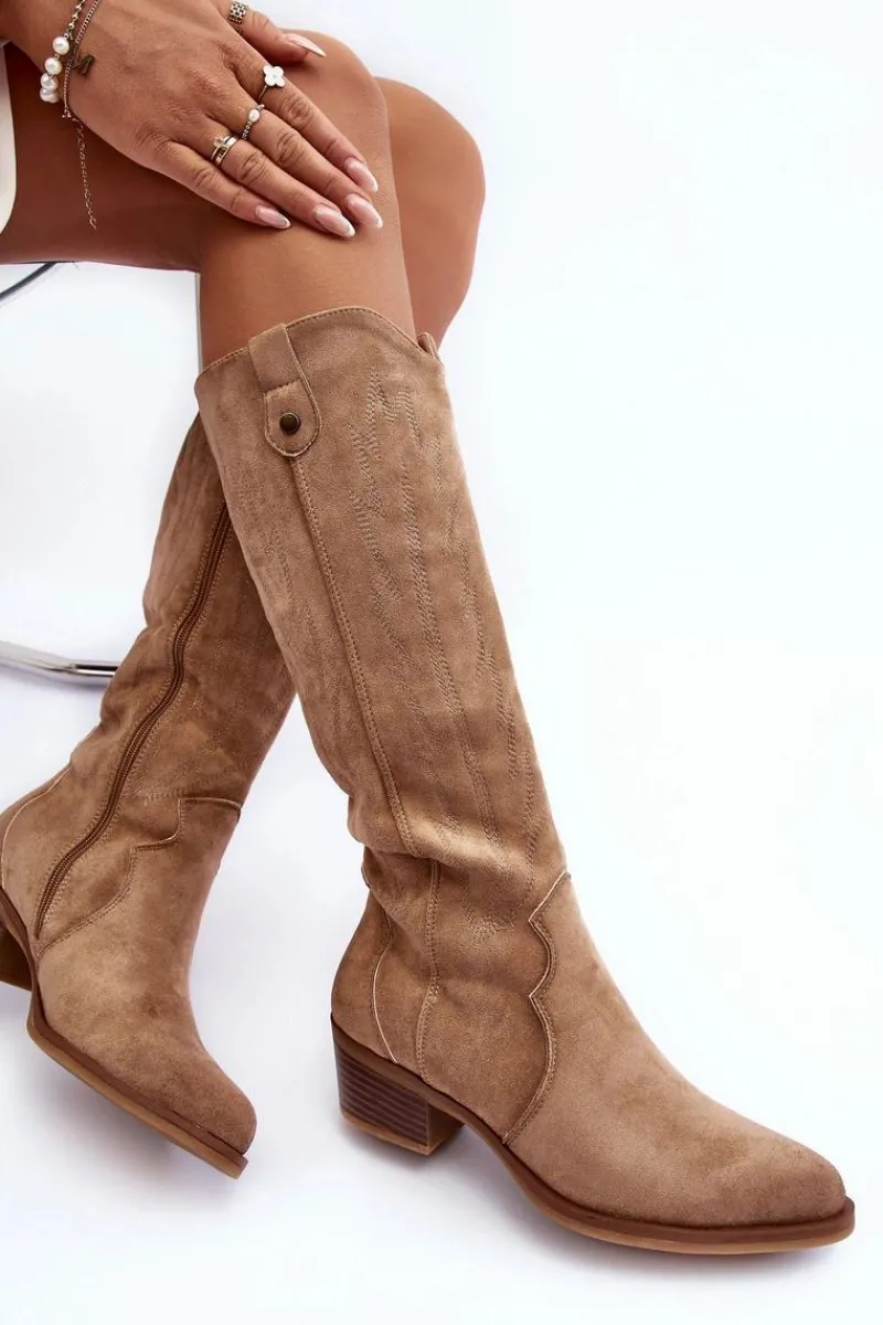 New Boto Zamszowe Kozaki Kowbojki Na Niskim Obcasie Beżowe Lunah