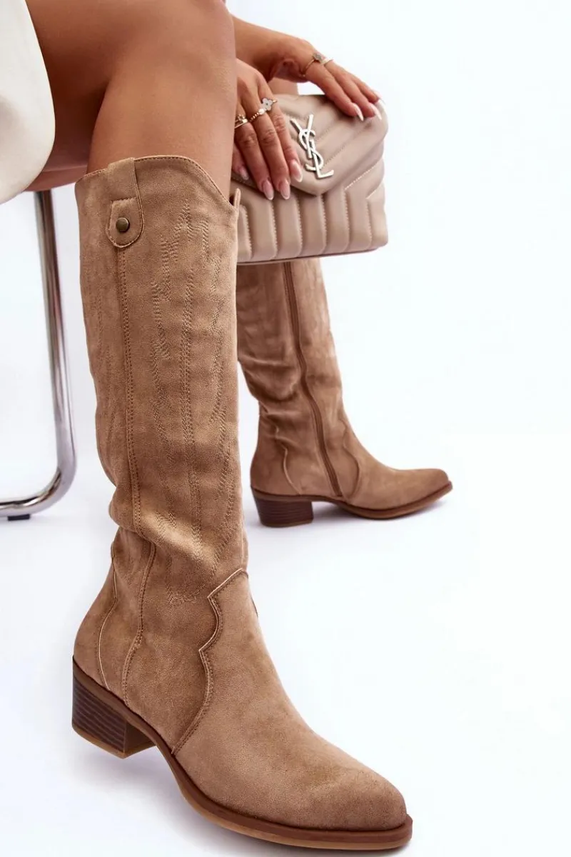 New Boto Zamszowe Kozaki Kowbojki Na Niskim Obcasie Beżowe Lunah