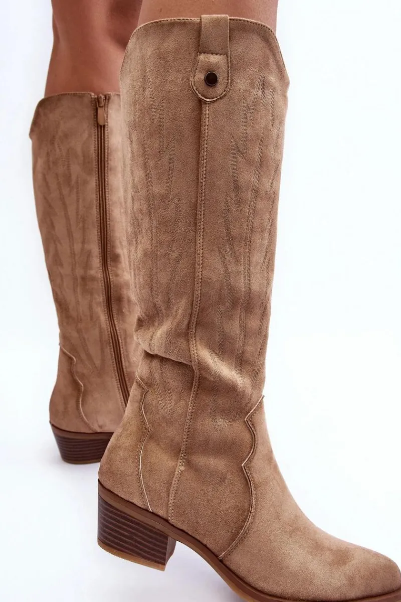New Boto Zamszowe Kozaki Kowbojki Na Niskim Obcasie Beżowe Lunah