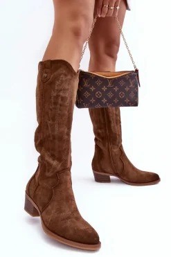 Kozaki Wiosenne|Kozaki Przed Kolano>Boto Zamszowe Kozaki Kowbojki Na Niskim Obcasie Brązowe Lunah
