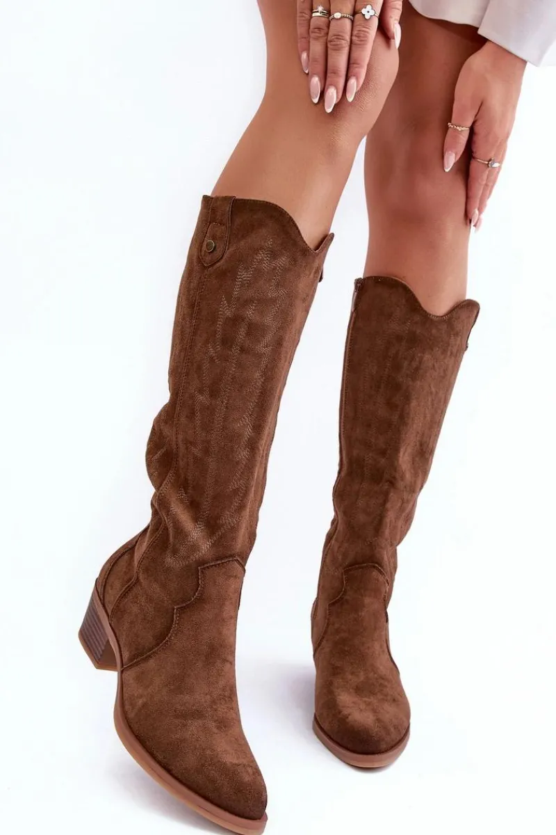 Kozaki Wiosenne|Kozaki Przed Kolano>Boto Zamszowe Kozaki Kowbojki Na Niskim Obcasie Brązowe Lunah