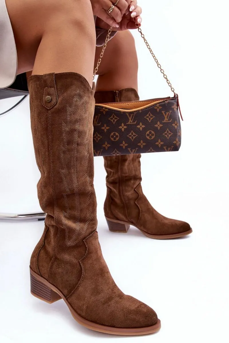 Kozaki Wiosenne|Kozaki Przed Kolano>Boto Zamszowe Kozaki Kowbojki Na Niskim Obcasie Brązowe Lunah