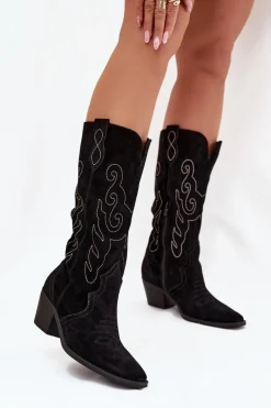 New Zamszowe Kozaki Kowbojki Damskie Na Obcasie Czarne Karira Damskie Kozaki Ocieplane|Kozaki Na Słupku