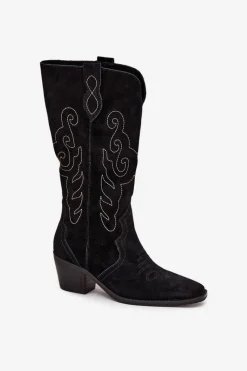 New Zamszowe Kozaki Kowbojki Damskie Na Obcasie Czarne Karira Damskie Kozaki Ocieplane|Kozaki Na Słupku