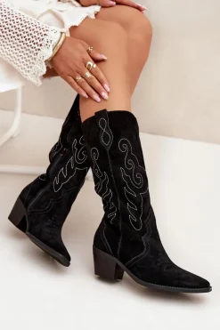 New Zamszowe Kozaki Kowbojki Damskie Na Obcasie Czarne Karira Damskie Kozaki Ocieplane|Kozaki Na Słupku