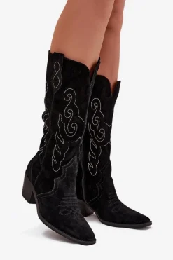 New Zamszowe Kozaki Kowbojki Damskie Na Obcasie Czarne Karira Damskie Kozaki Ocieplane|Kozaki Na Słupku