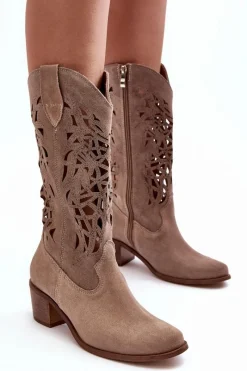 Sale Zamszowe Kozaki Kowbojki Ażurowe Ciemnobeżowe Lewski 3320 Damskie Kozaki Wiosenne|Kozaki Ażurowe