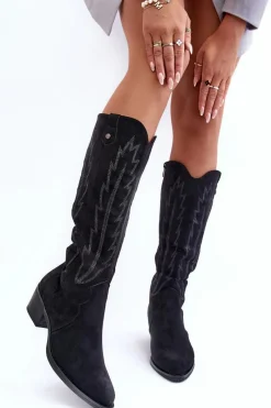 Boto Zamszowe Kozaki Kowbojki Na Niskim Obcasie Czarne Lunah