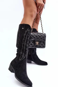 Boto Zamszowe Kozaki Kowbojki Na Niskim Obcasie Czarne Lunah