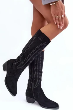 Boto Zamszowe Kozaki Kowbojki Na Niskim Obcasie Czarne Lunah