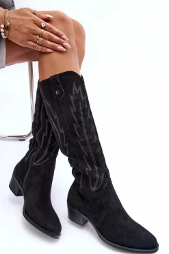 Boto Zamszowe Kozaki Kowbojki Na Niskim Obcasie Czarne Lunah