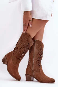 Kozaki Wiosenne|Kozaki Ażurowe>Boto Zamszowe Kozaki Kowbojki Ażurowe Brązowe Lewski 3320