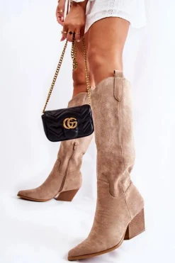 Sale Zamszowe Kozaki Kowbojki Z Przeszyciami Ciemnobeżowe Beverly Damskie Kozaki Wiosenne|Kozaki Przed Kolano