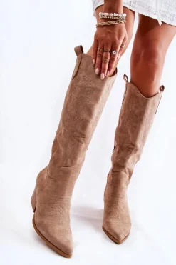 Sale Zamszowe Kozaki Kowbojki Z Przeszyciami Ciemnobeżowe Beverly Damskie Kozaki Wiosenne|Kozaki Przed Kolano